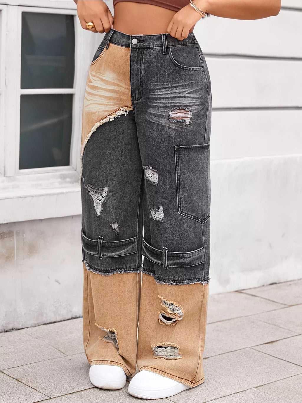 Two-Tone Ripped Wide Leg Jeans — product image 3