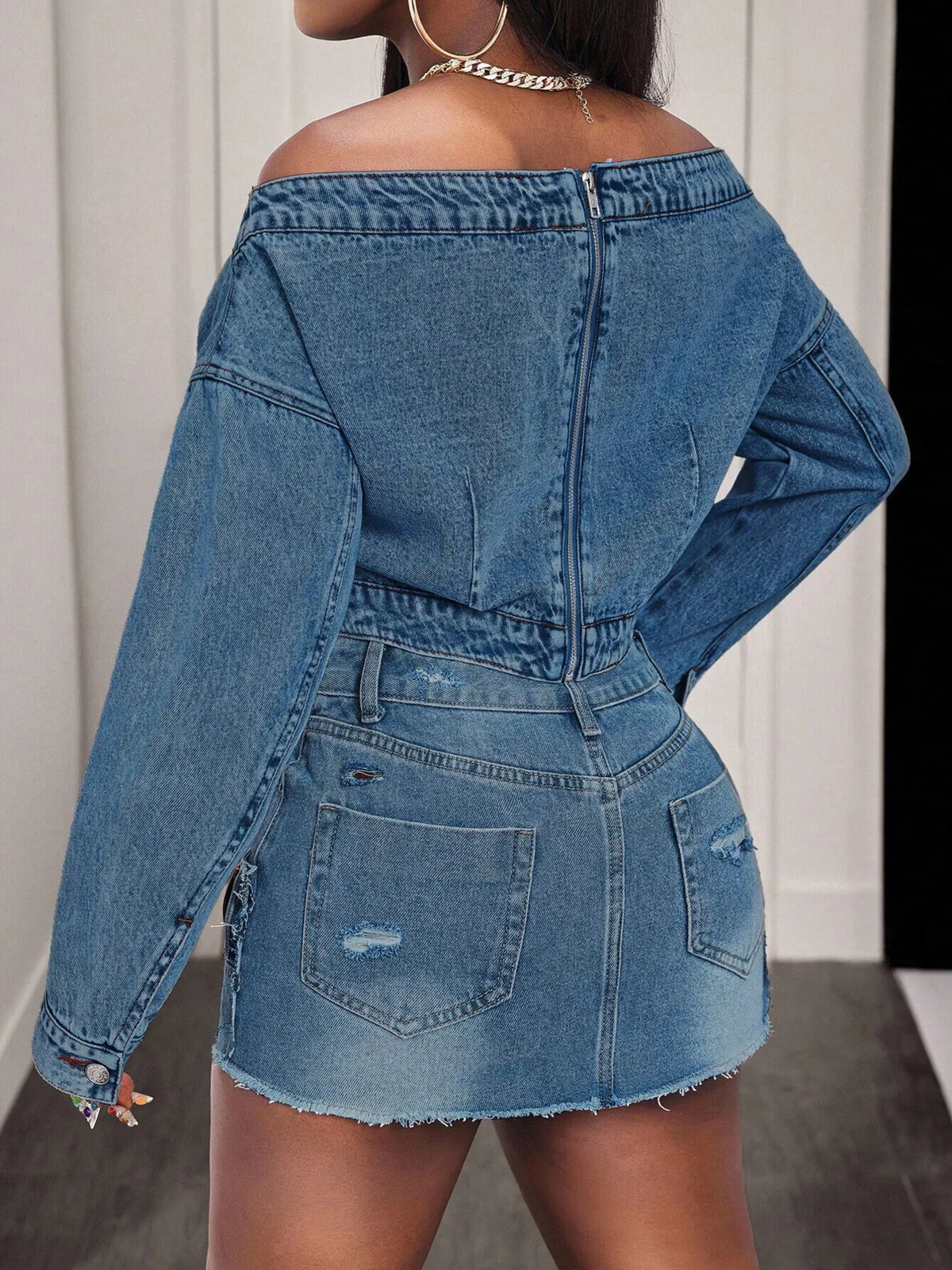 Off-Shoulder Long Sleeve Denim Top — product image 6