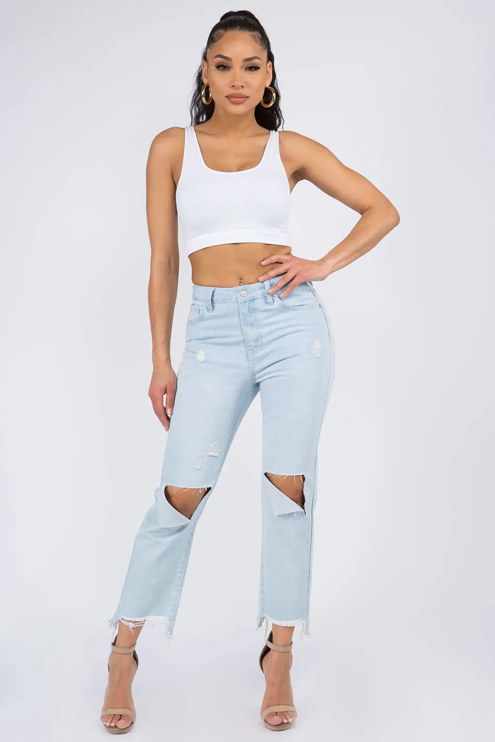 American Bazi High Waist Distressed Raw Hem Jeans — product image 4