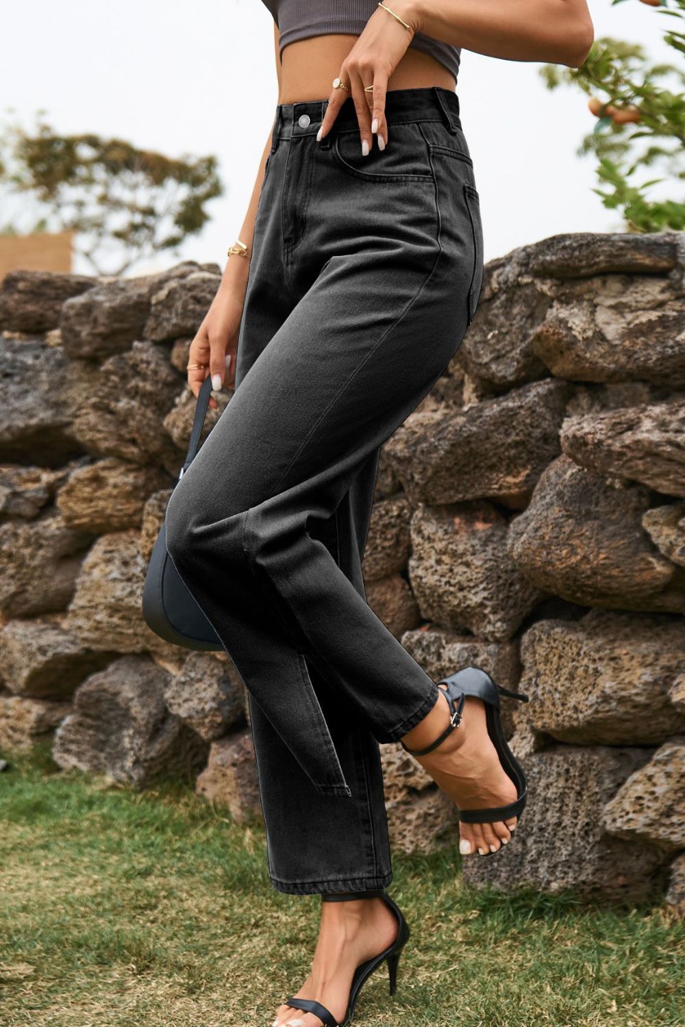 High Waist Loose Fit Ankle Slit Jeans — product image 8