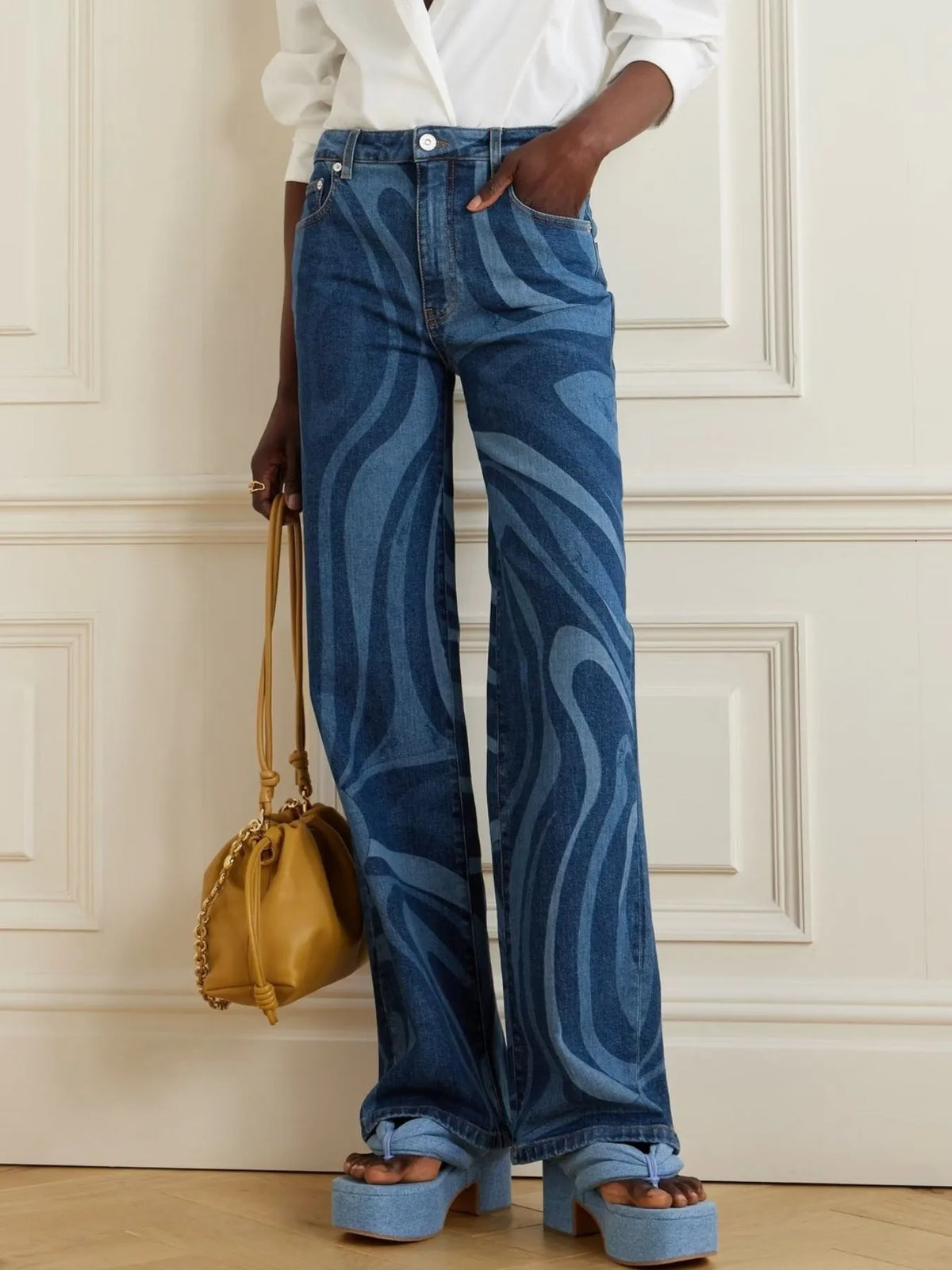 Wide leg jeans in a blue water ripple print.