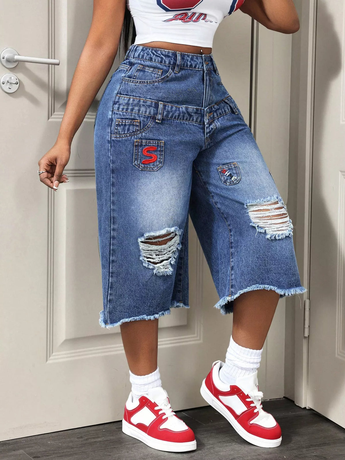 Distressed Wide-Leg Denim Capris — product image 2