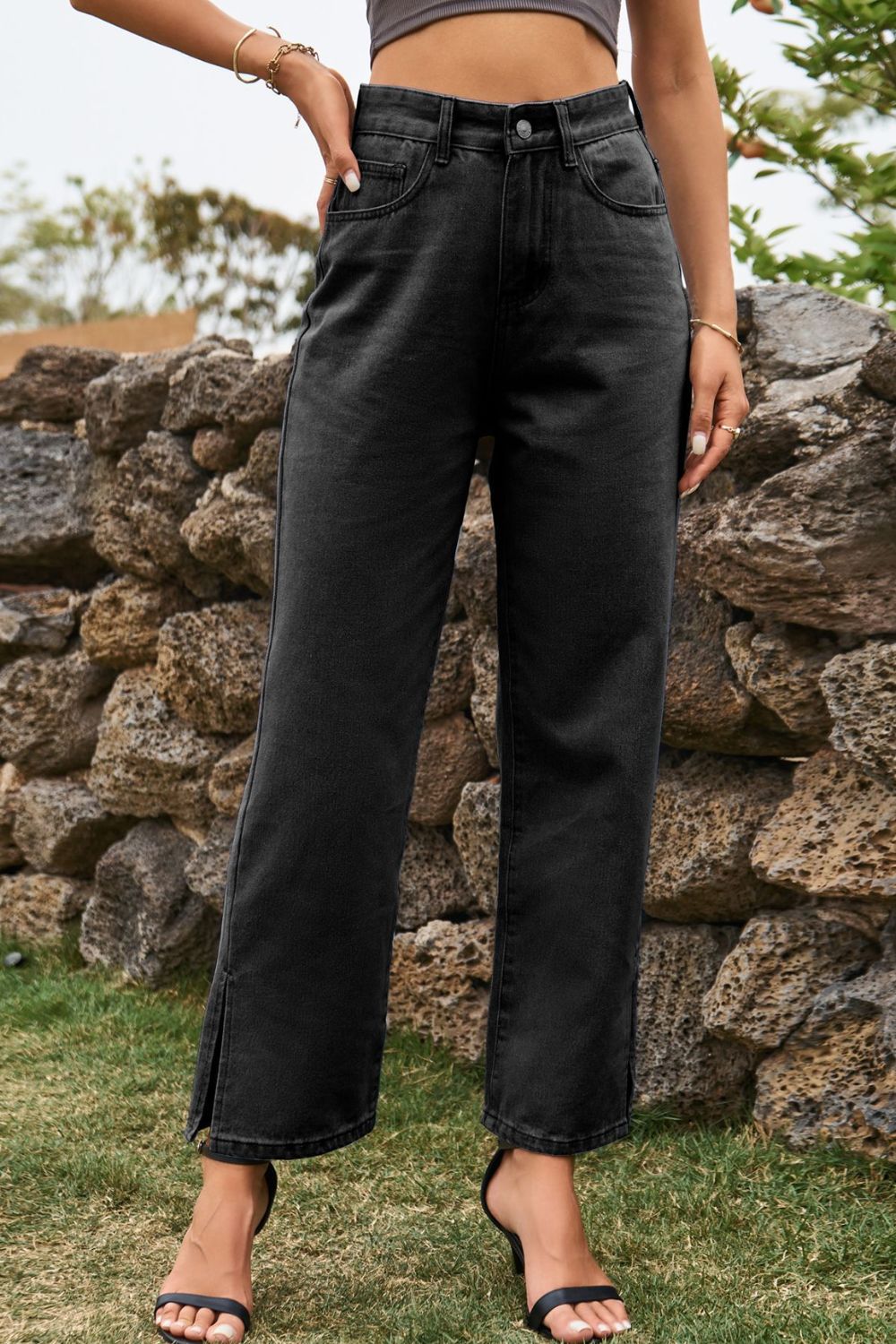 High Waist Loose Fit Ankle Slit Jeans — product image 7