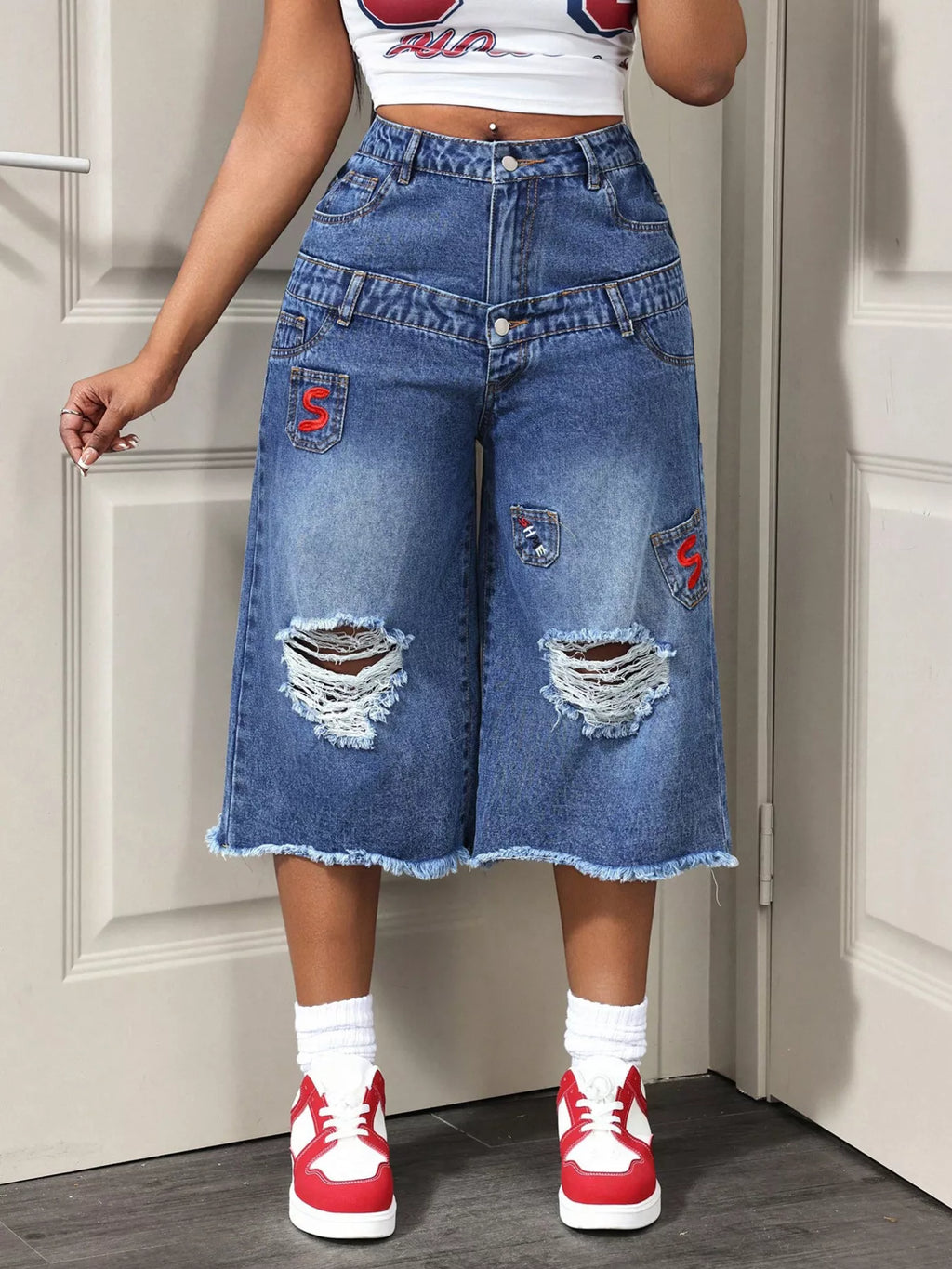 Distressed Wide-Leg Denim Capris — product image 4