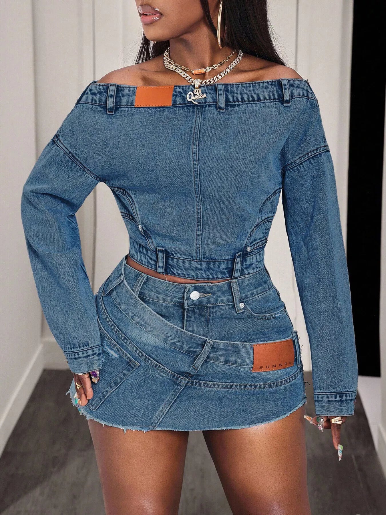 Off-Shoulder Long Sleeve Denim Top — product image 3