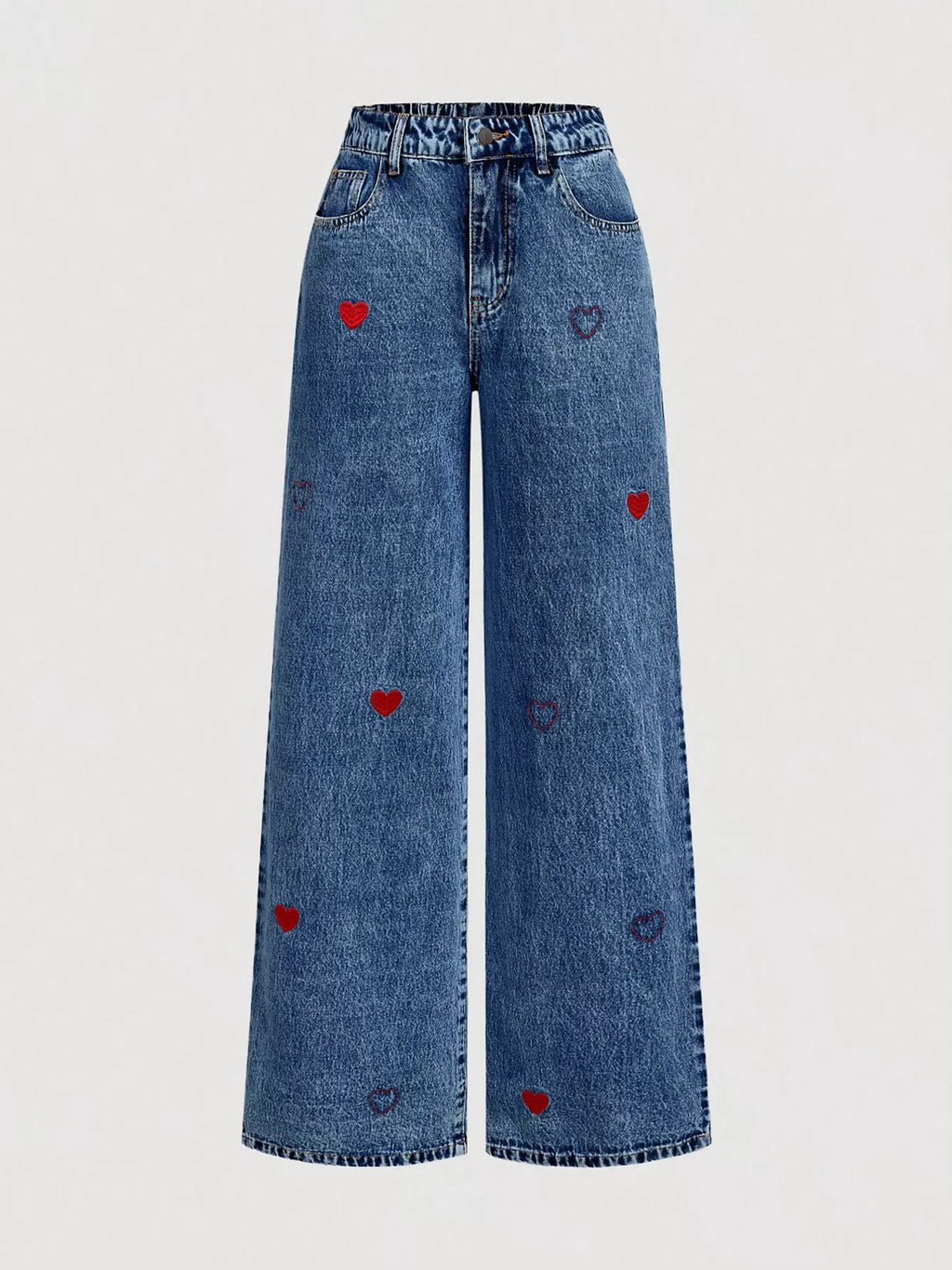 Dark blue wide-leg jeans with embroidered heart detail.