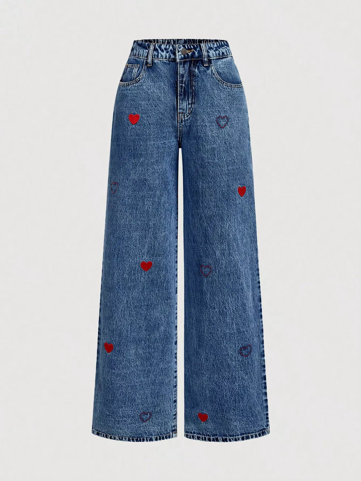 Dark blue wide-leg jeans with embroidered heart detail.