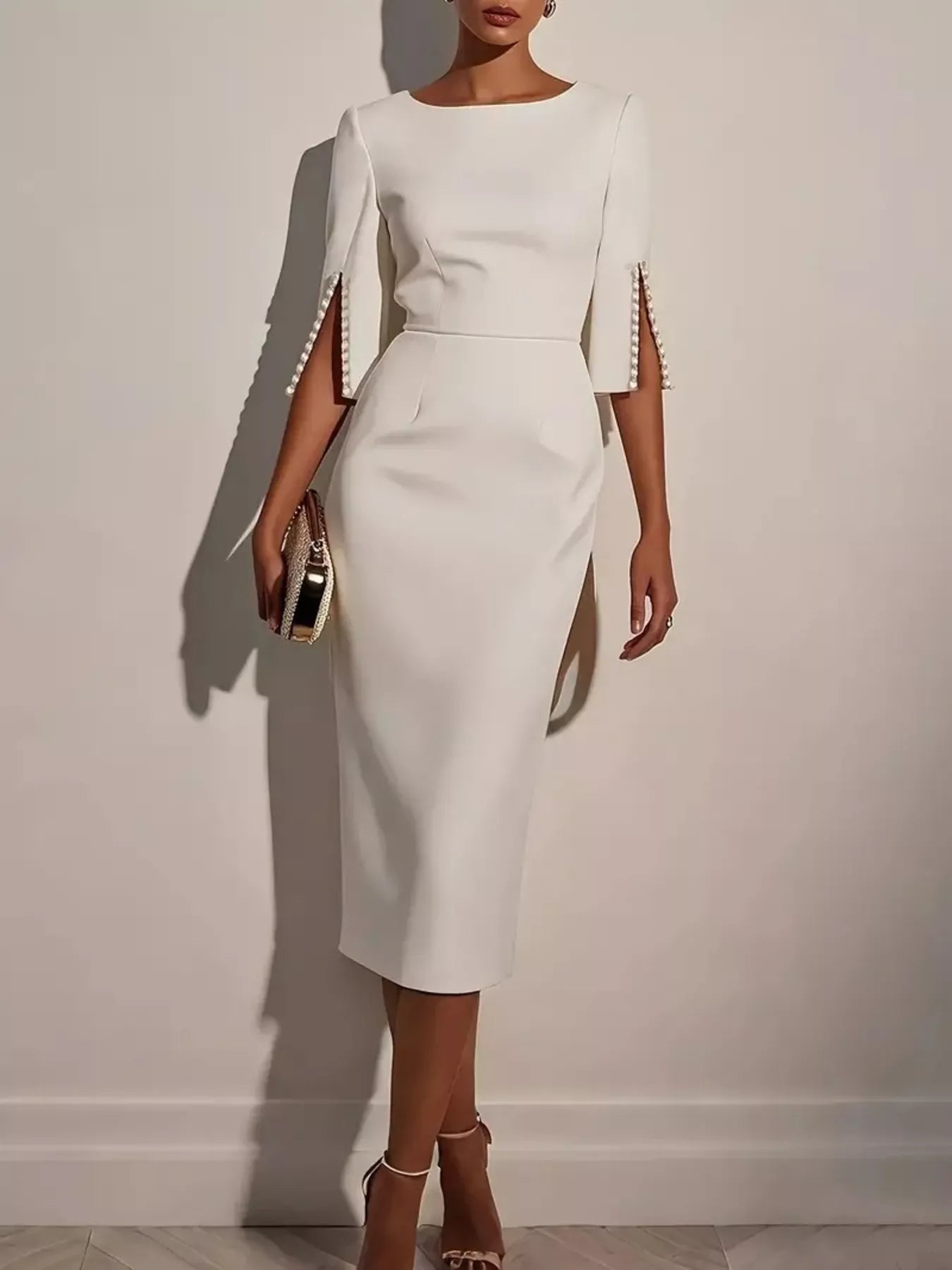 Slim-fit midi dress with beaded slit sleeve