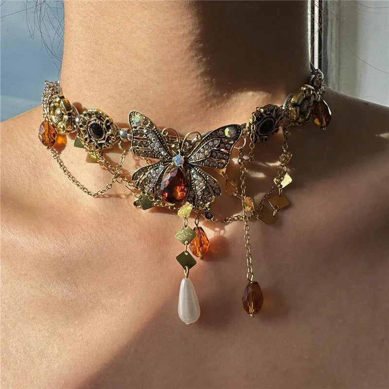Rhinestone Butterfly Choker Necklace — Long Crystal Tassel — product image 11