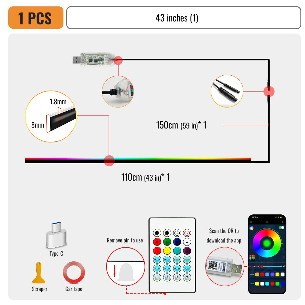 Car Ambient Light Strips — App Controlled RGB, Acrylic, 110 cm — product image 8