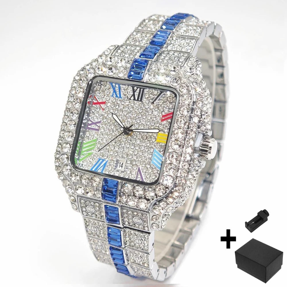 Iced-Out Square Quartz Watch — Stainless Steel, Auto Date — product image 12