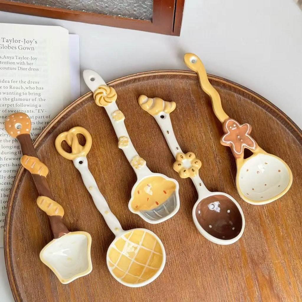 Long handled ceramic spoon with underglaze pattern