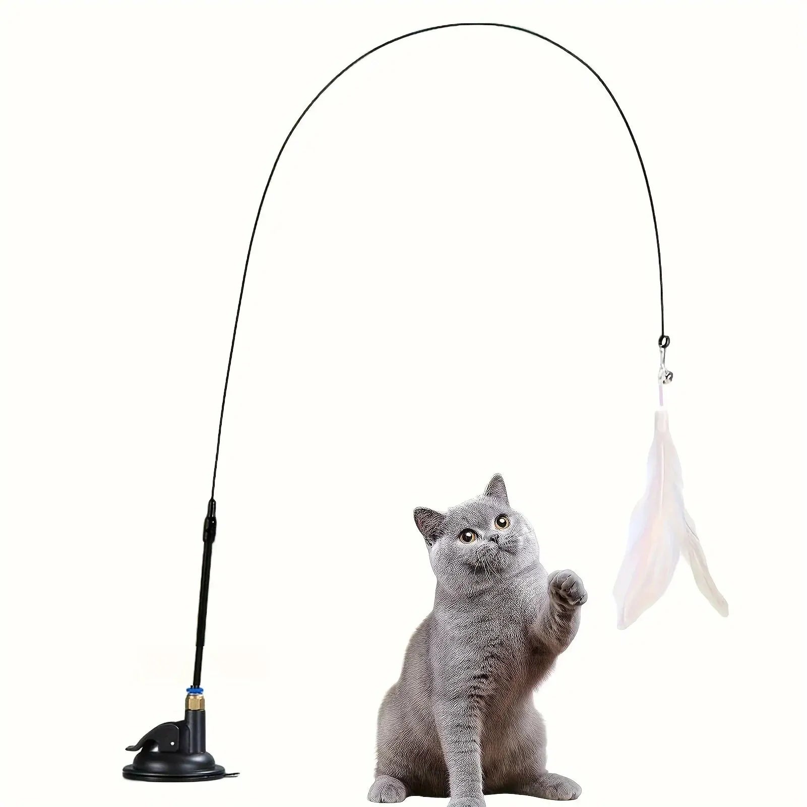 Cat teaser wand with feather and bell on a suction cup pole