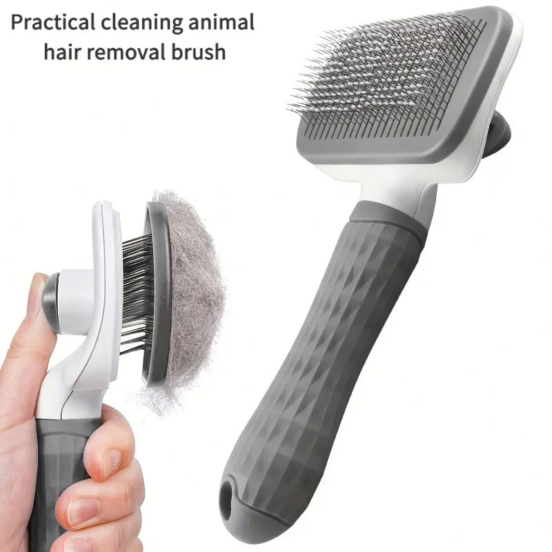 Self-cleaning pet grooming slicker brush with hair release button