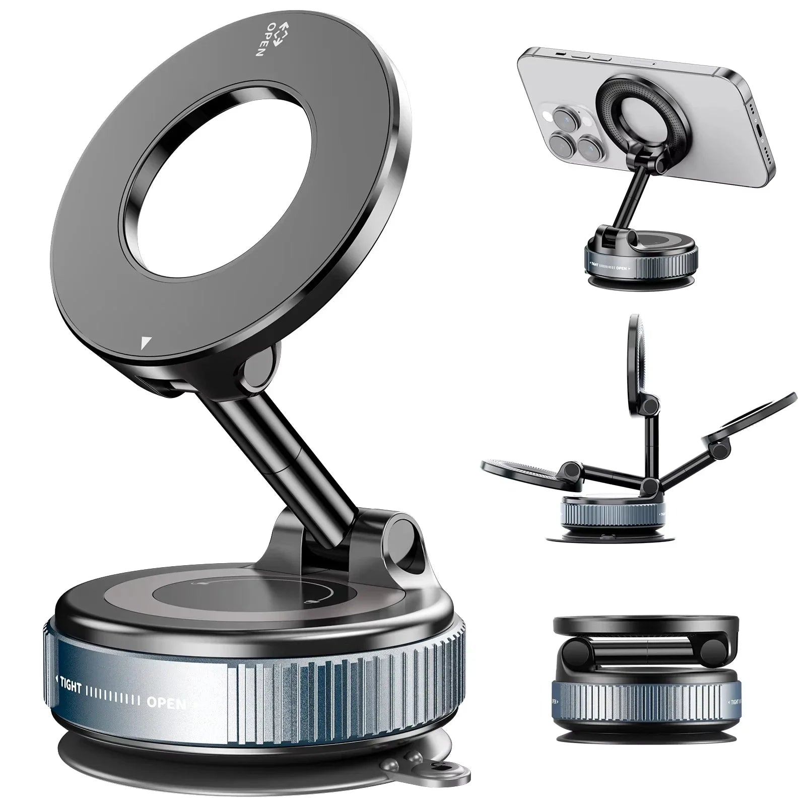 Magnetic car phone mount on a suction cup arm