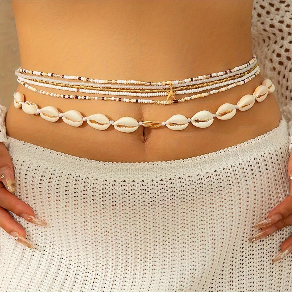 Set of six seed-bead elastic waist chains with starfish pendants, in different colours.