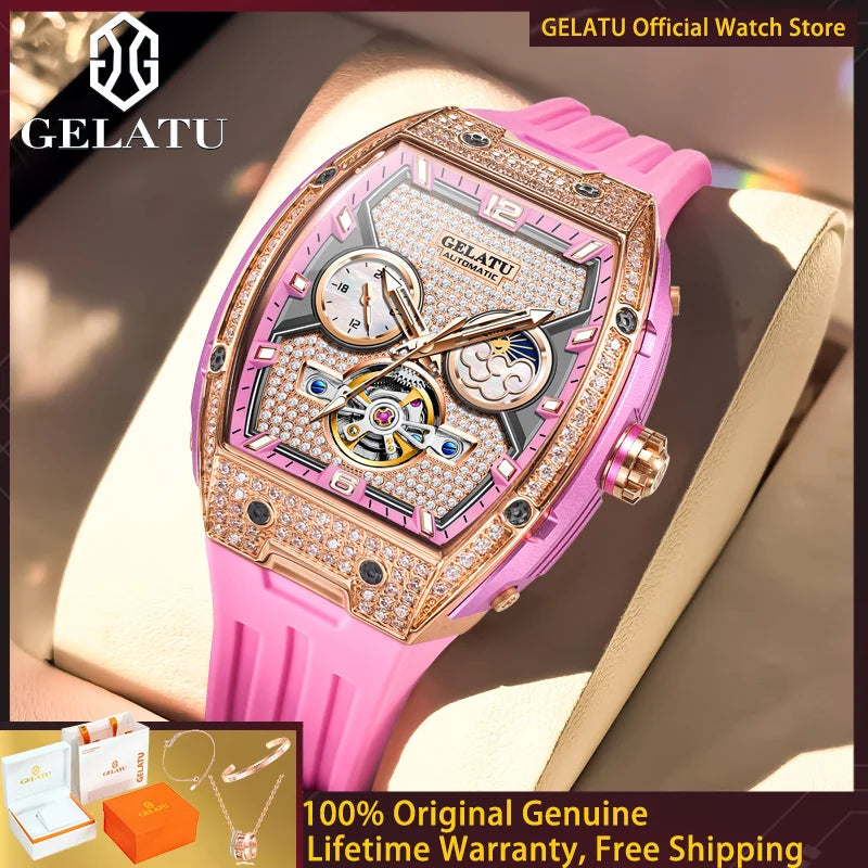 Women's automatic watch with stone-set bezel and moonphase dial