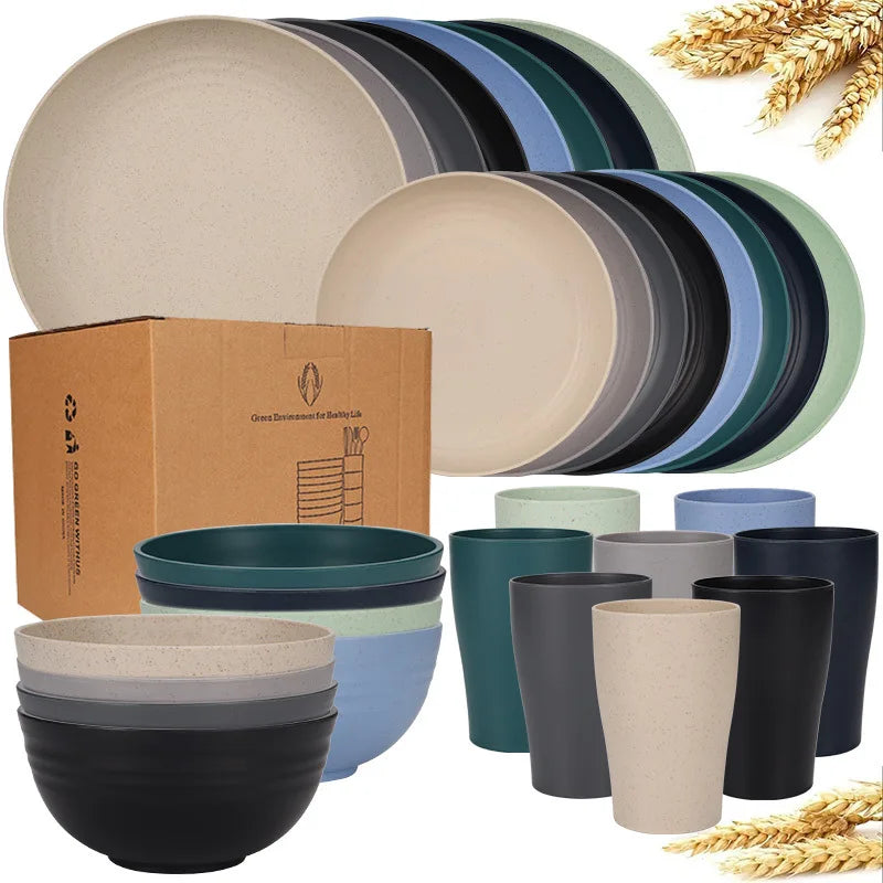 Wheat straw dinnerware set with plates, bowls and cups