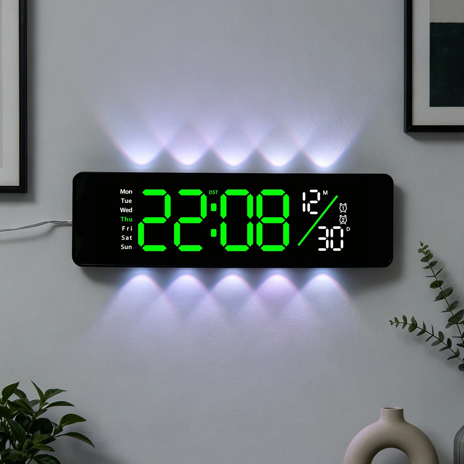 LED digital wall clock with date and alarm display