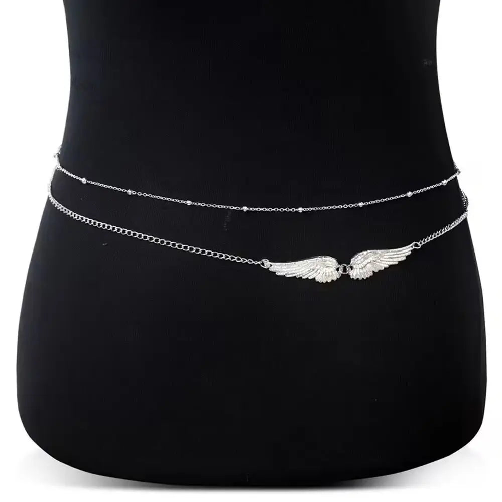 Double-layer waist chain with a metal winged charm at the front.