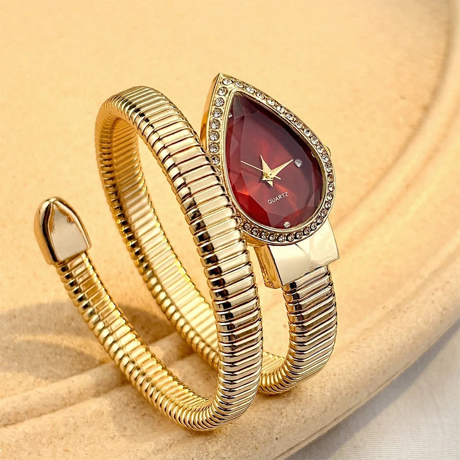 Ladies' water-drop case watch with snake-shaped band