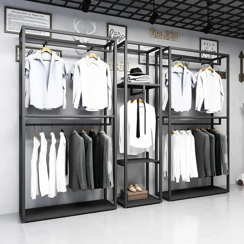 Black double layer floor standing clothing display rack