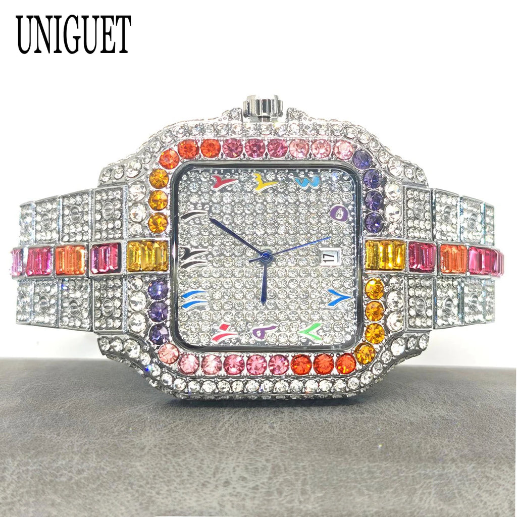 Iced-Out Square Quartz Watch — Stainless Steel, Auto Date — product image 2