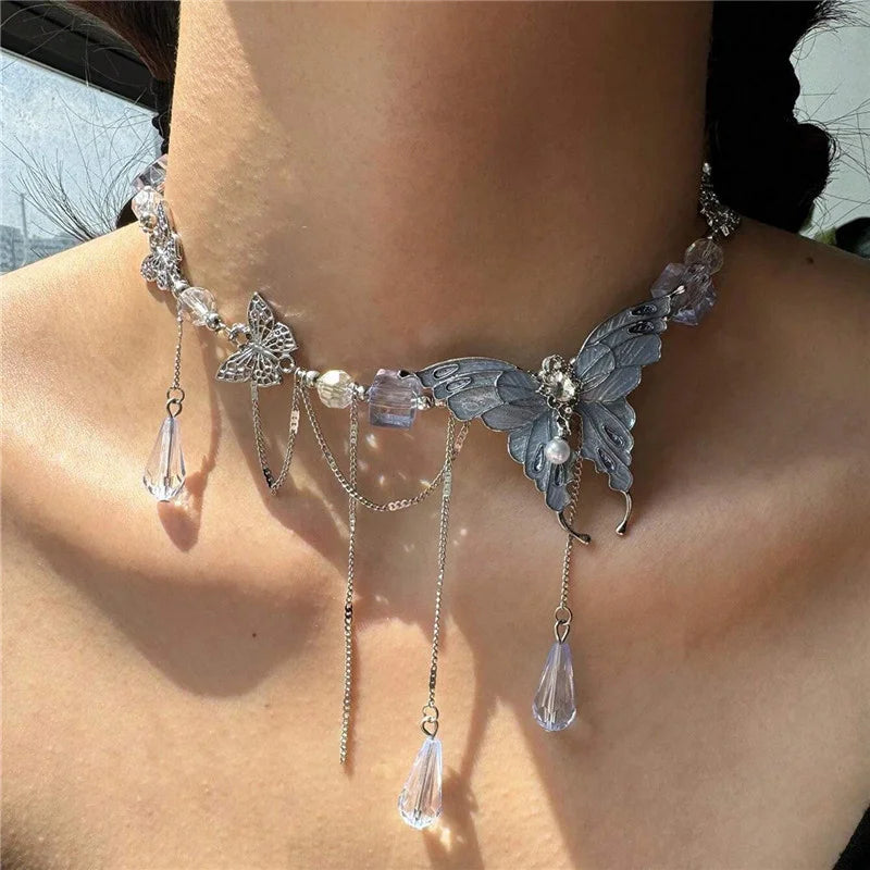 Butterfly choker necklace with green crystal tassel