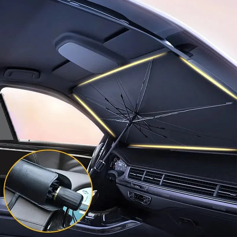 Umbrella style folding car windshield sunshade