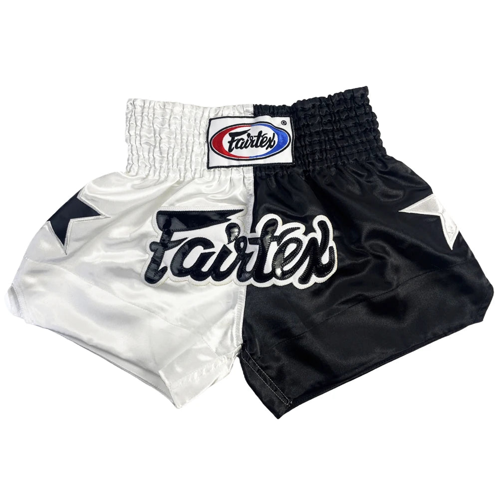 Muay Thai and MMA fight shorts in black and white