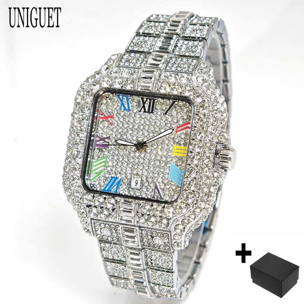 Iced-Out Square Quartz Watch — Stainless Steel, Auto Date — product image 10