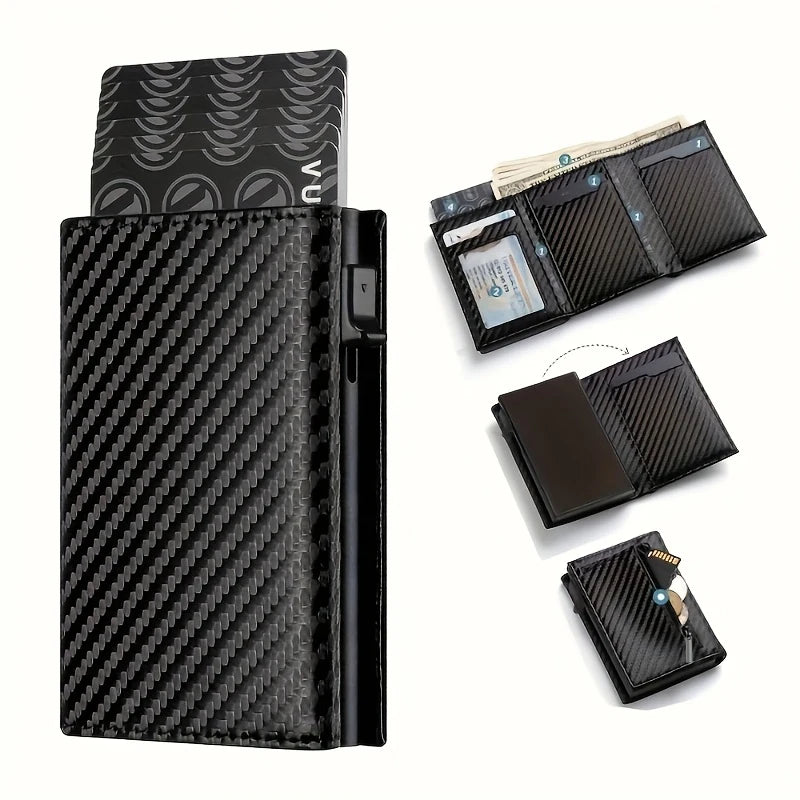 Metal pop-up card holder wallet with cards fanned out