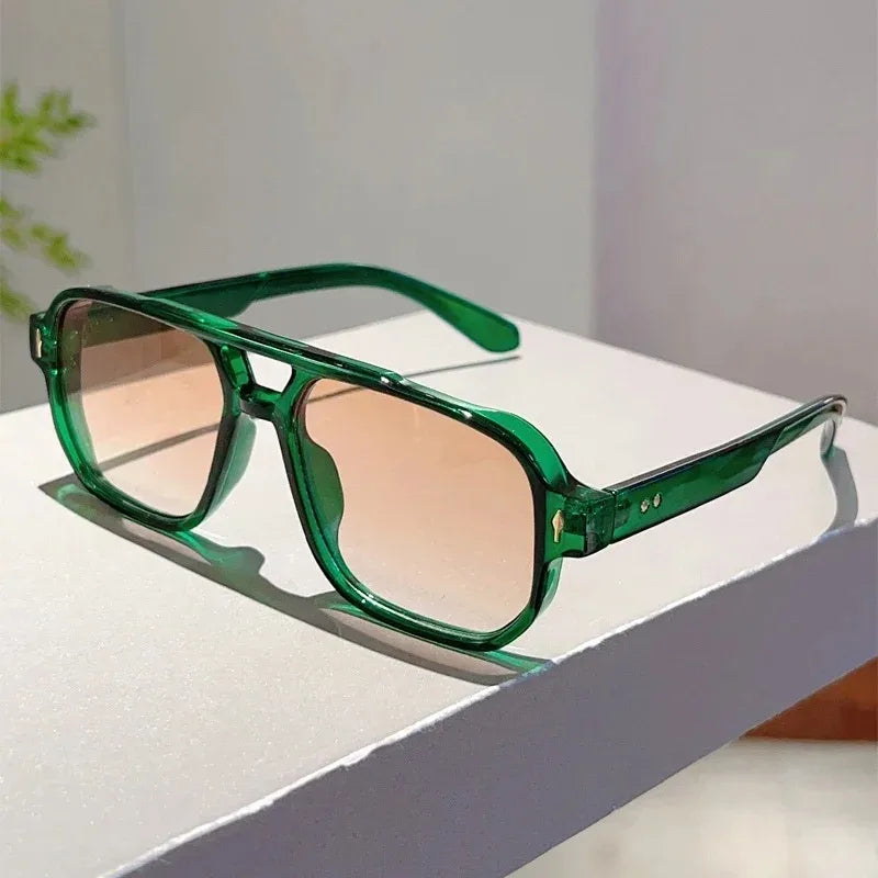 Double bridge square sunglasses with riveted ocean-tint lenses