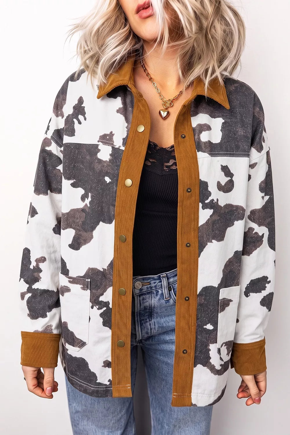 Multicolour Western Cow Print Long Sleeve Button-Up Denim Jacket — product image 2