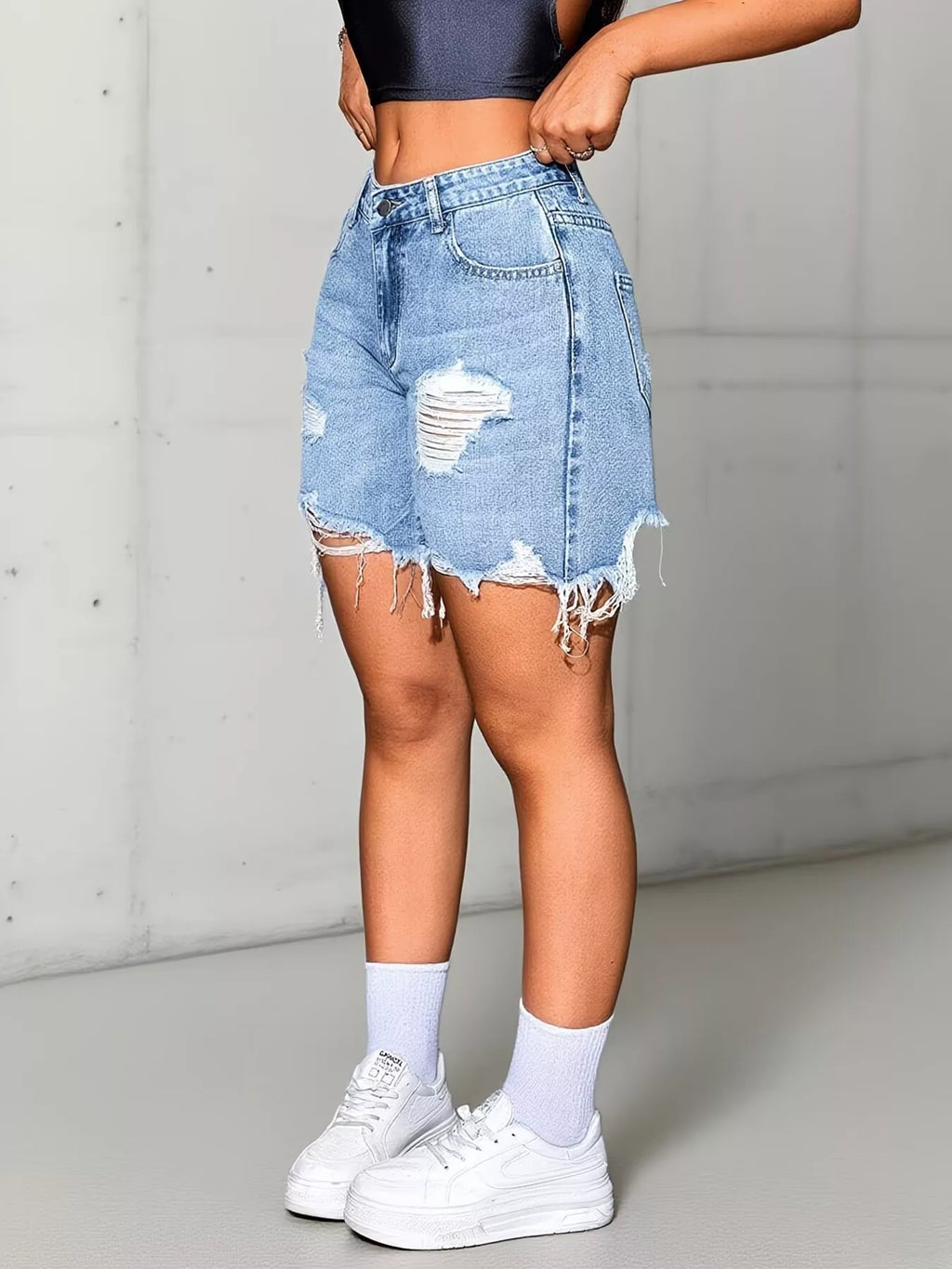 Distressed High Waist Denim Shorts — product image 5